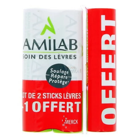 Trio Amilab Stick à Lèvres hydratant lot 2+1 gratuit – soin lèvres secs et abîmés, disponible chez Parapharmelle