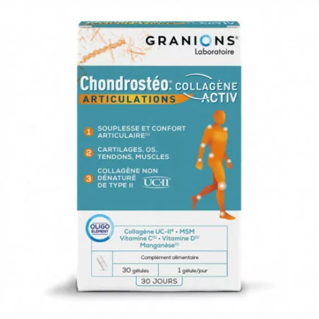 Granions Chondrosteo Collagène Acti boîte 30 – complément soutien articulations et cartilage, disponible chez Parapharmelle