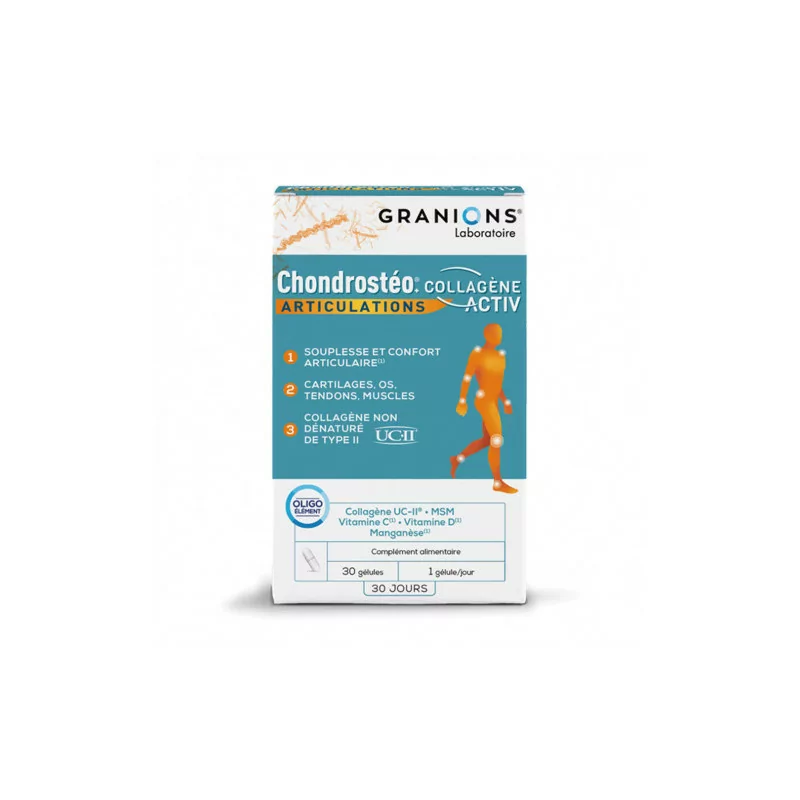 Granions Chondrosteo Collagène Acti boîte 30 – complément soutien articulations et cartilage, disponible chez Parapharmelle