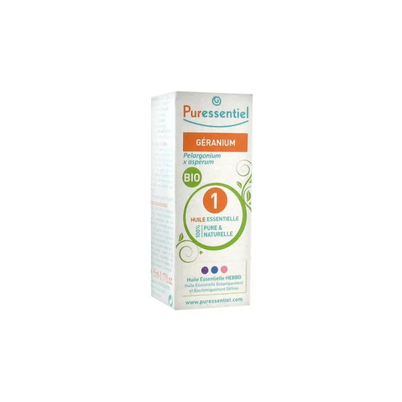 Flacon d’huile essentielle bio de Géranium Puressentiel 5ml