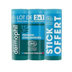 Dermophil Indien Protection Lèvres Desséchées Bio Stick Lot de 2 x 4 g + 1 Offert