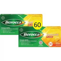 Berocca Immunité Flash Comprimés Effervescents, Vitamine C, B6, B9, B12, D, Zinc, Sélénium, Goût Orange, 2 Pack de 30 comprim