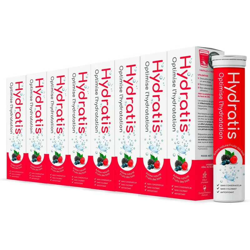 HYDRATIS - Pack 8 Tubes de Pastilles Effervescentes -Goût Naturel Fruits des Bois Optimise l'Hydratation