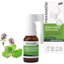 PRANARÔM - Aromaforce - Spray Gorge Action 3 En 1 - Aux Huiles Essentielles - Menthe Poivrée - Apaise La Gorge - Vegan - 15 m