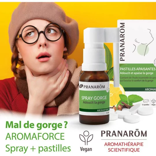 PRANARÔM - Aromaforce - Spray Gorge Action 3 En 1 - Aux Huiles Essentielles - Menthe Poivrée - Apaise La Gorge - Vegan - 15 m