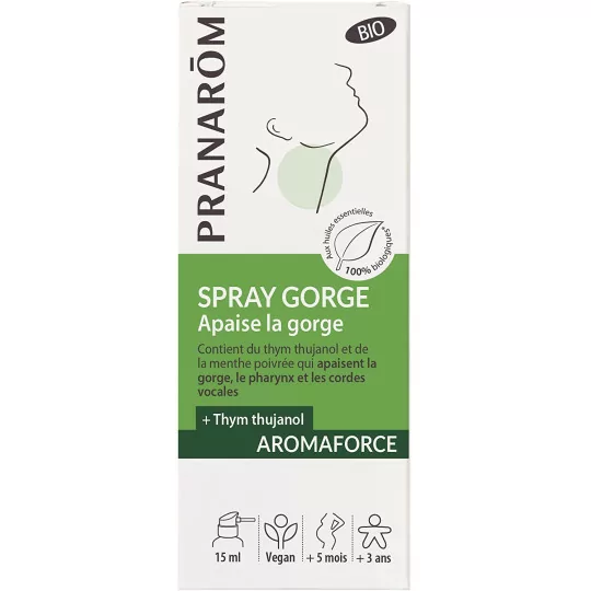 PRANARÔM - Aromaforce - Spray Gorge Action 3 En 1 - Aux Huiles Essentielles - Menthe Poivrée - Apaise La Gorge - Vegan - 15 m