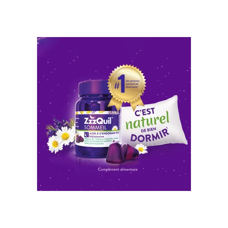 Complément sommeil ZzzQuil 60 gommes favorise endormissement rapide Parapharmelle